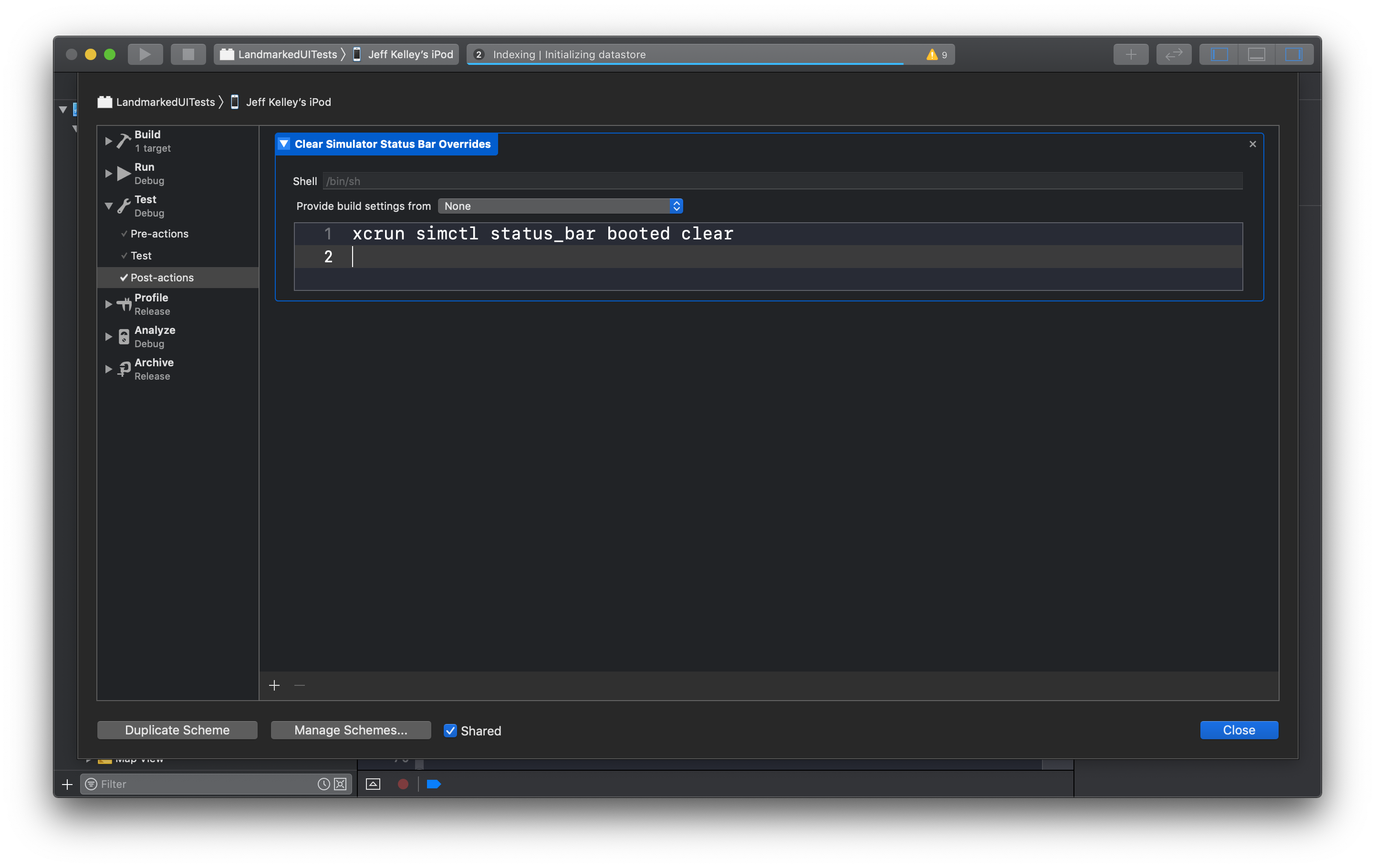 A screenshot of Xcode editing a scheme’s post-run actions